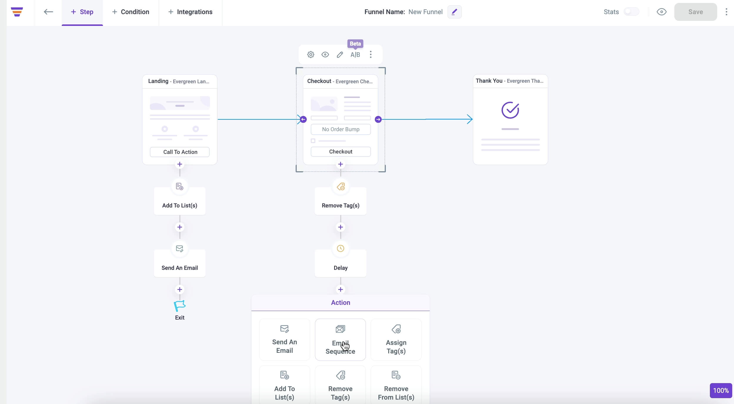 a single visual canvas for funnels and email automation flows