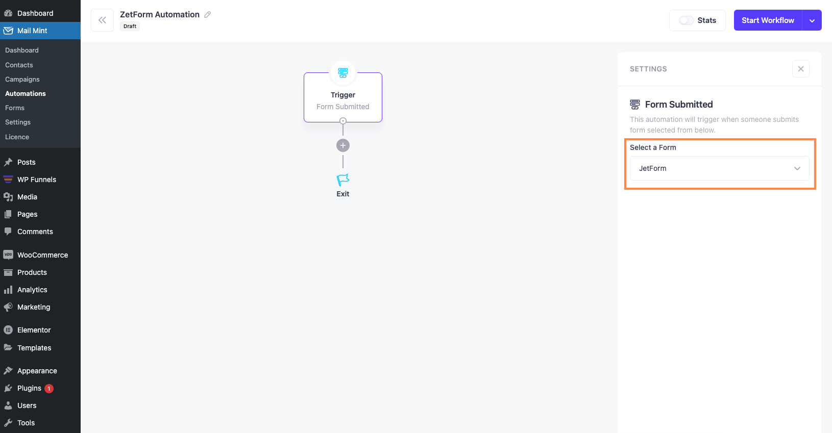 Select a form to trigger automation