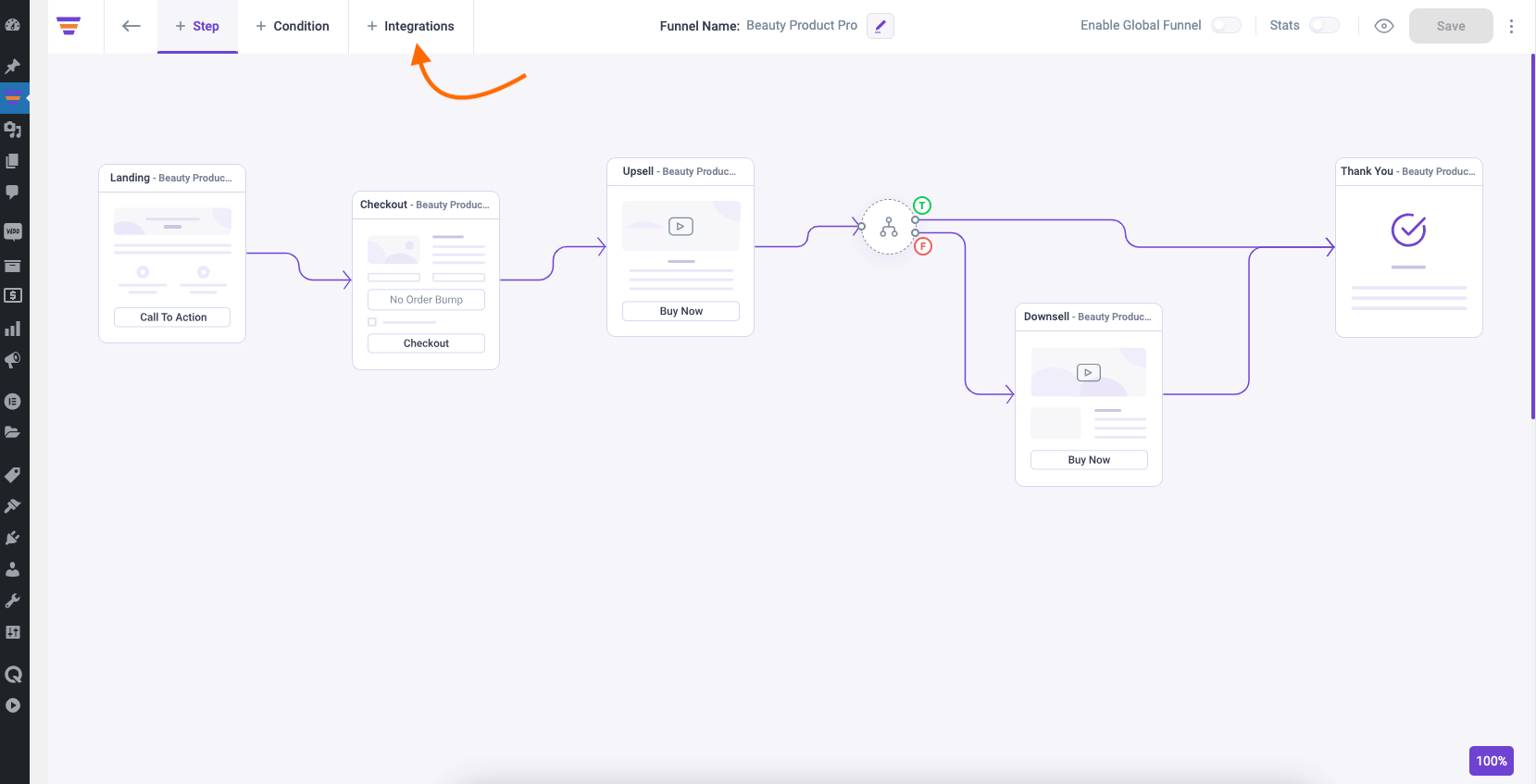 Add Integration button on funnel canvas