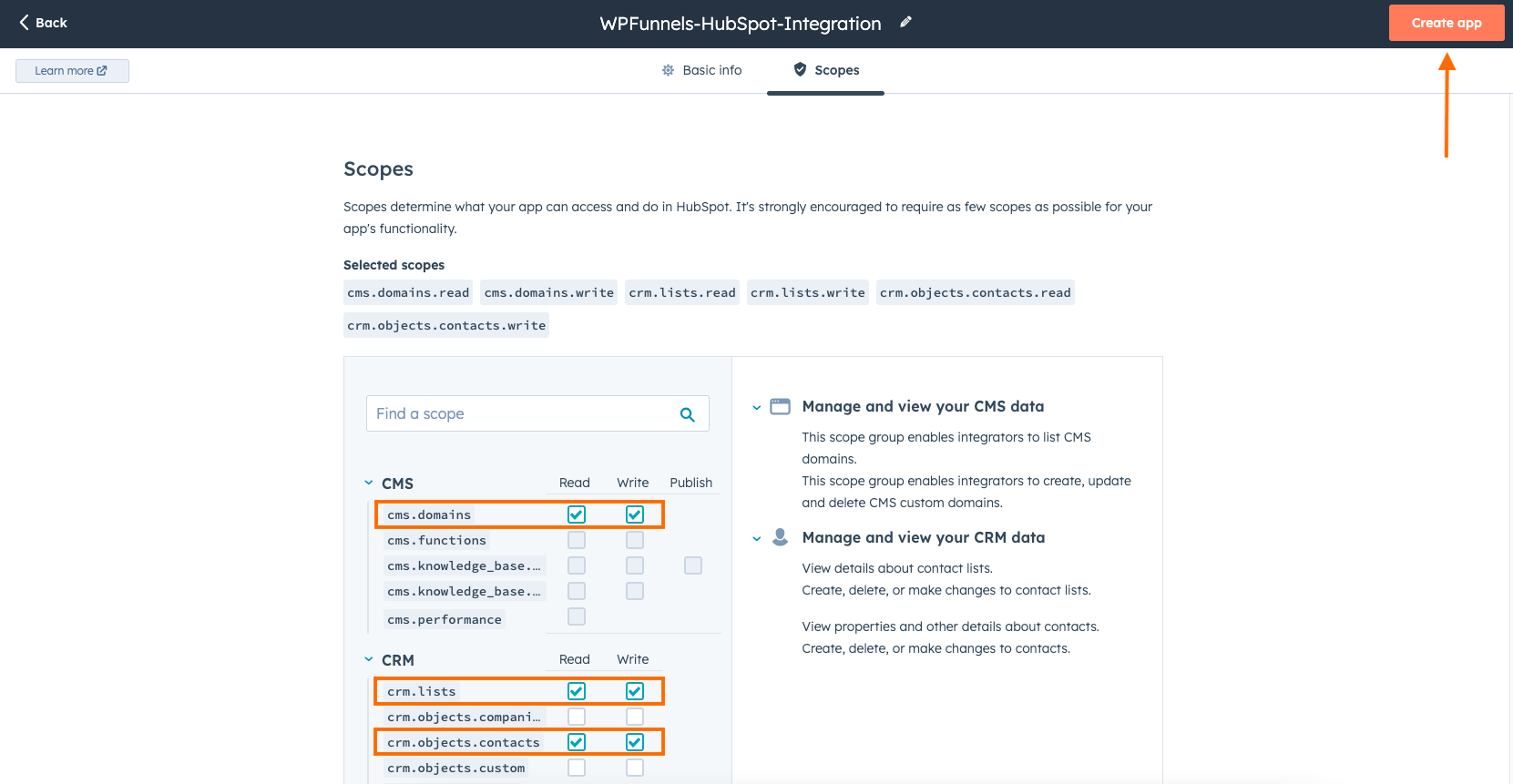 Select private app scope