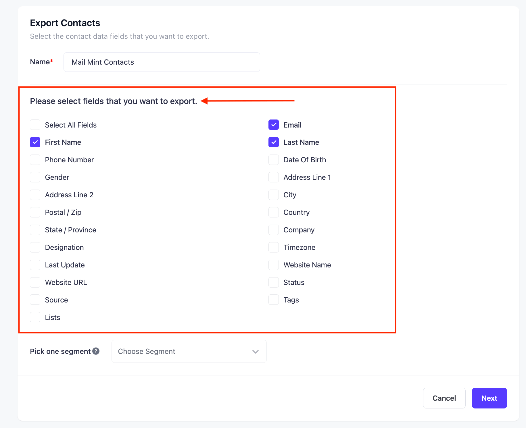 Select the fields you want to export