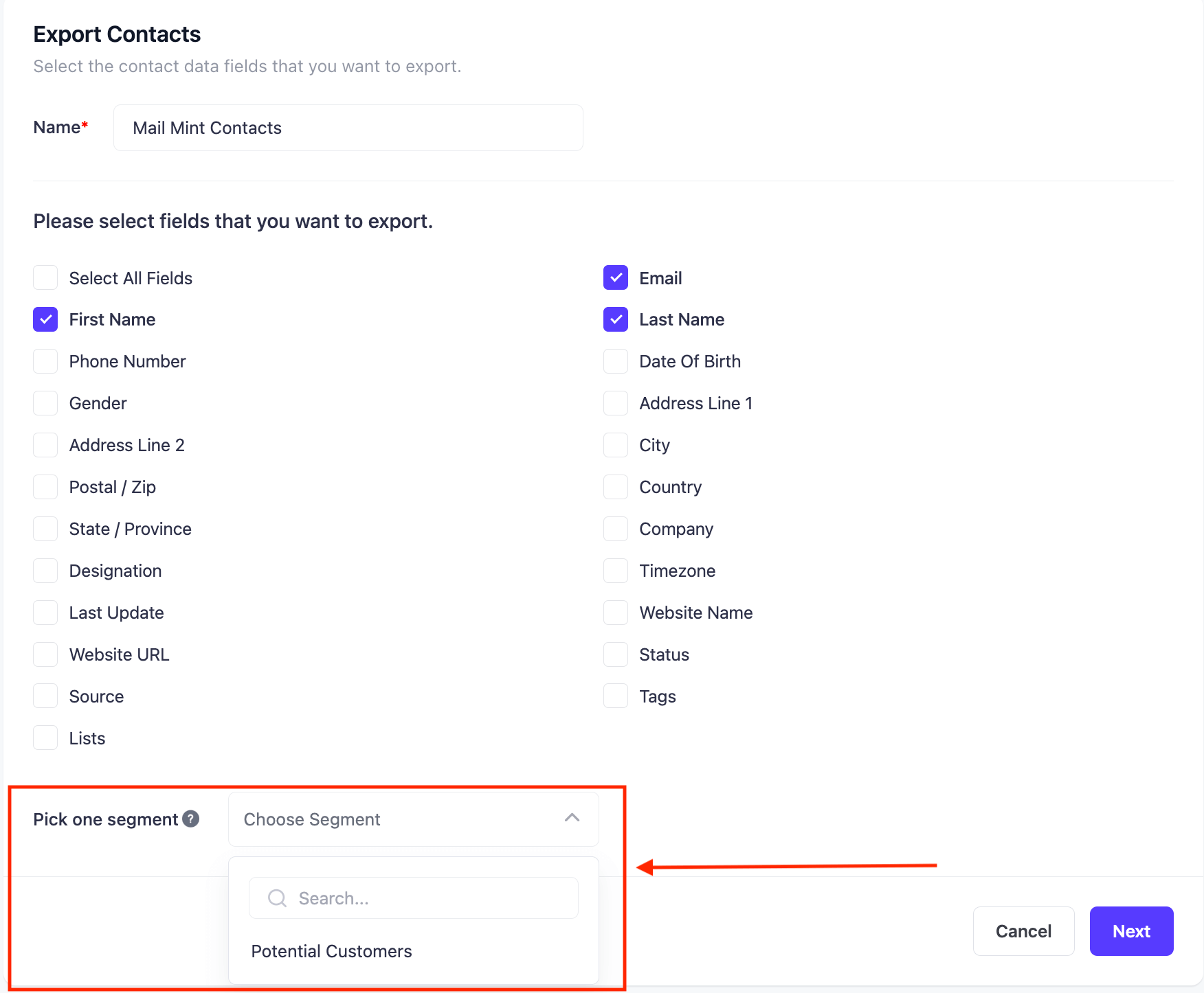 export a specific segment