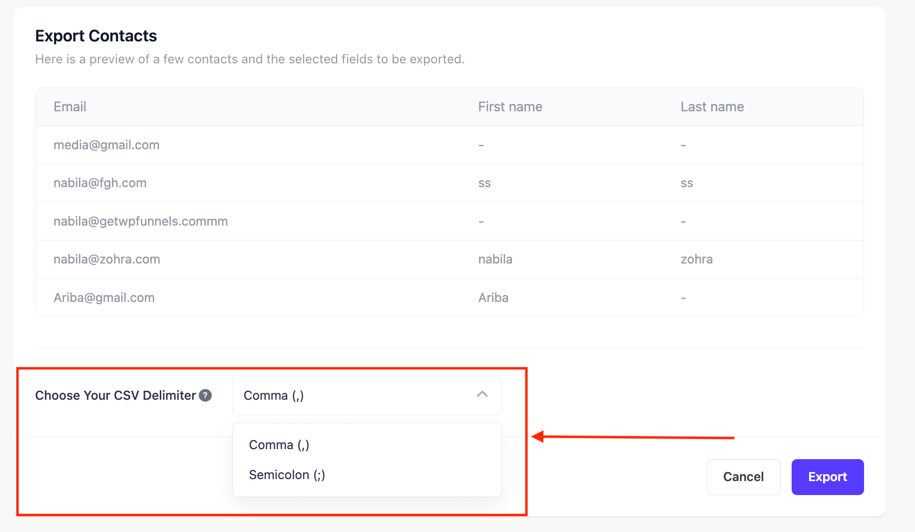 export file CSV Delimiter