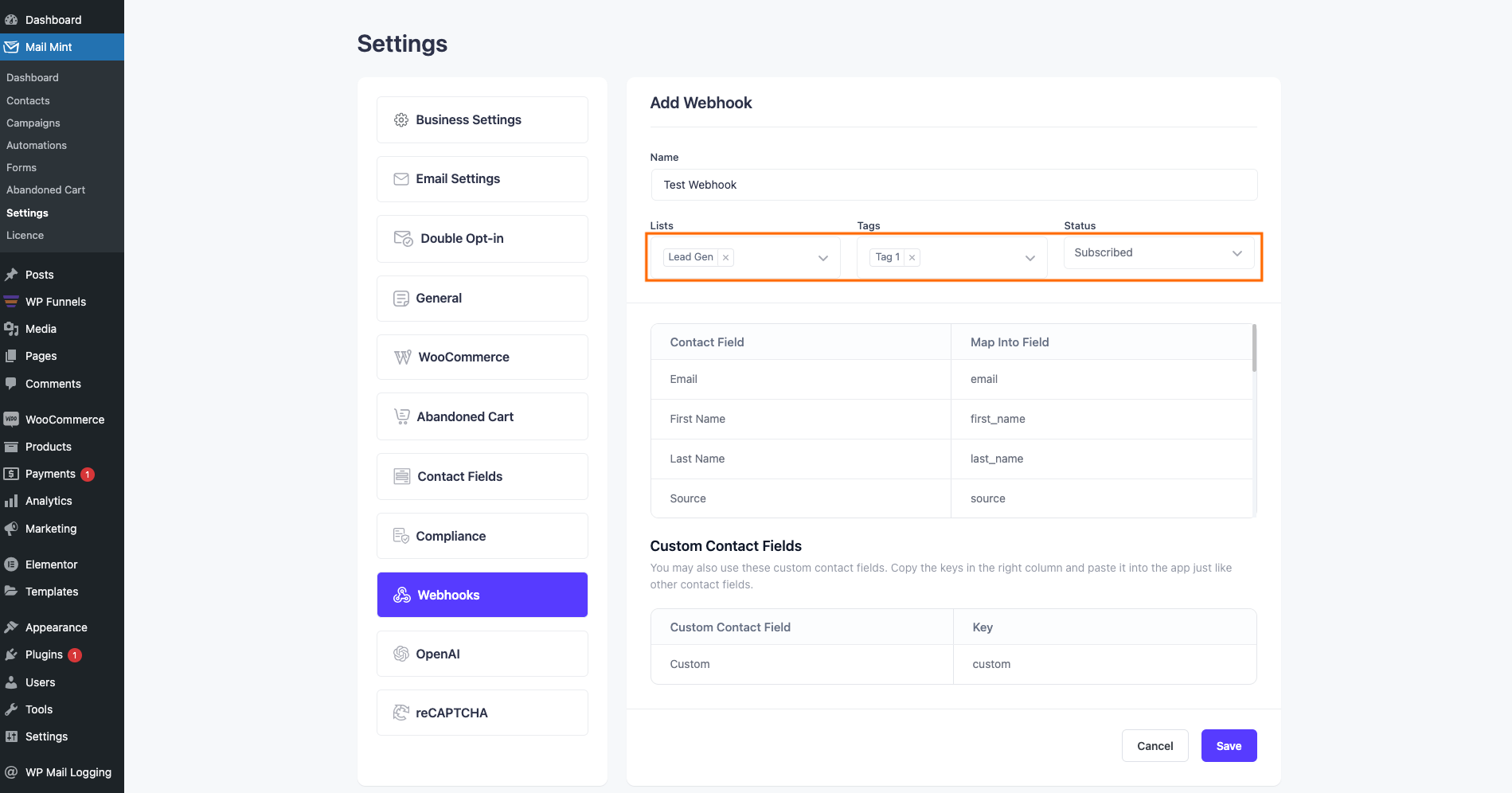 Configure List, Tag & Status for Webhook