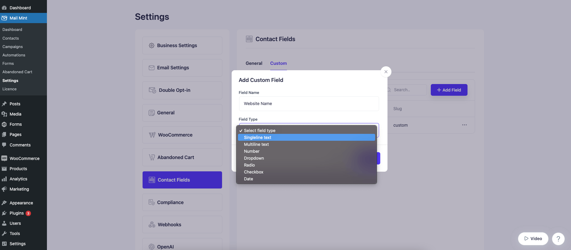 Custom Field - Name & Type