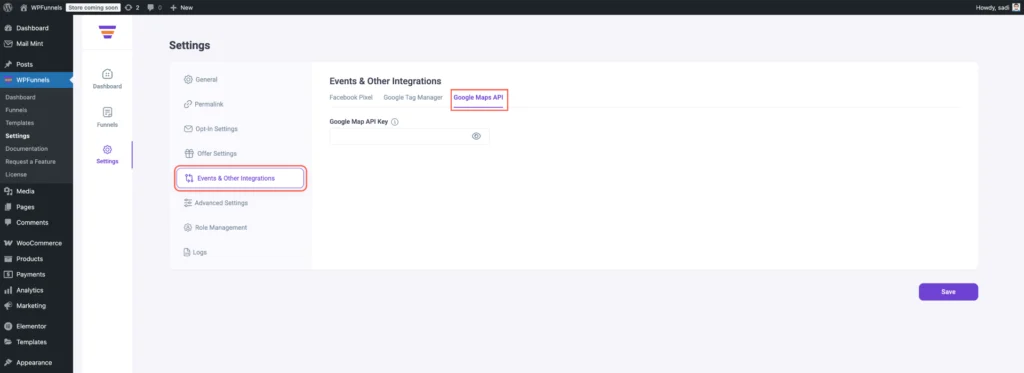 WPFunnels - Plugin Settings Overview 11 Event Other Integrations-Google Maps API