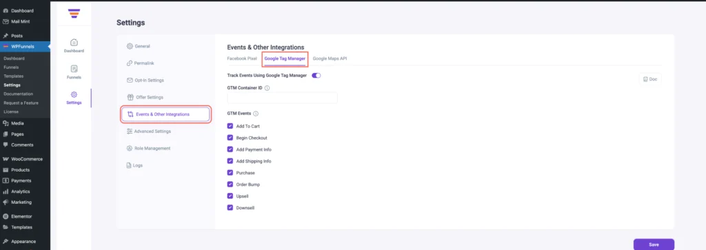 WPFunnels - Plugin Settings Overview 10 Event Other Integrations-Google Tag Manager