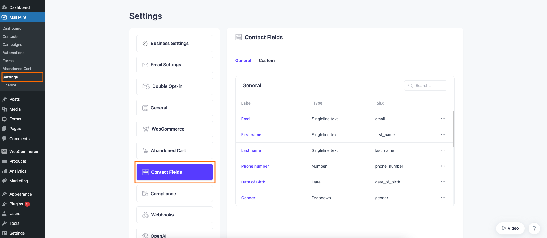 Mail Mint Settings - Contact Fields