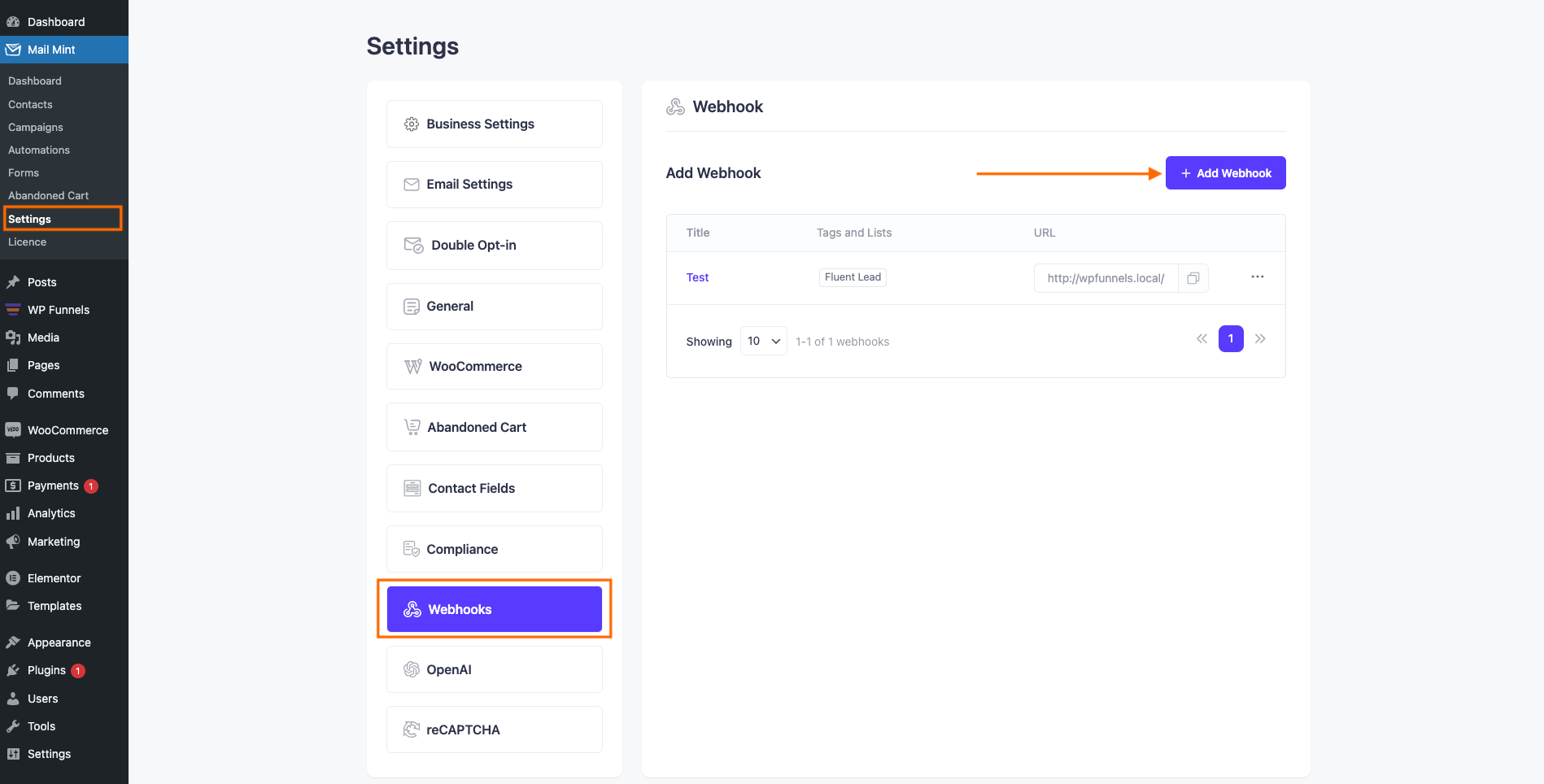 Mail Mint Settings - Webhooks