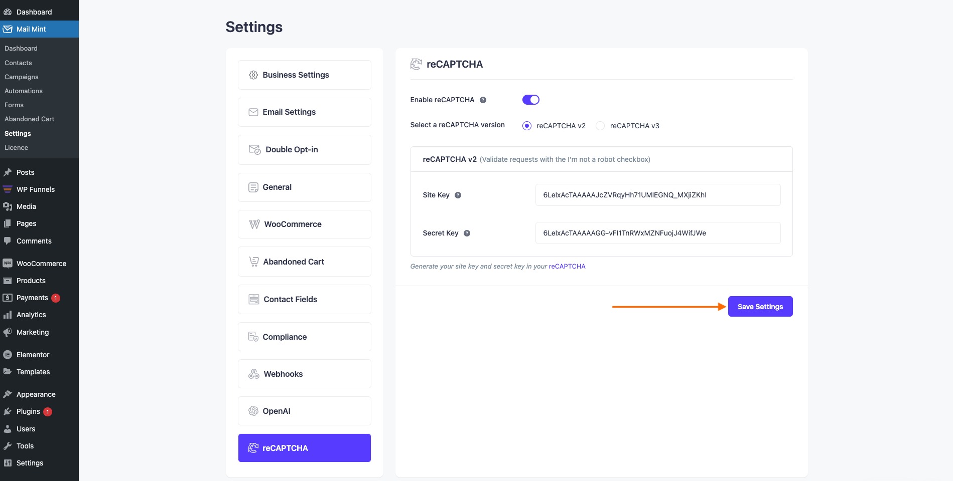 Save reCAPTCHA Settings