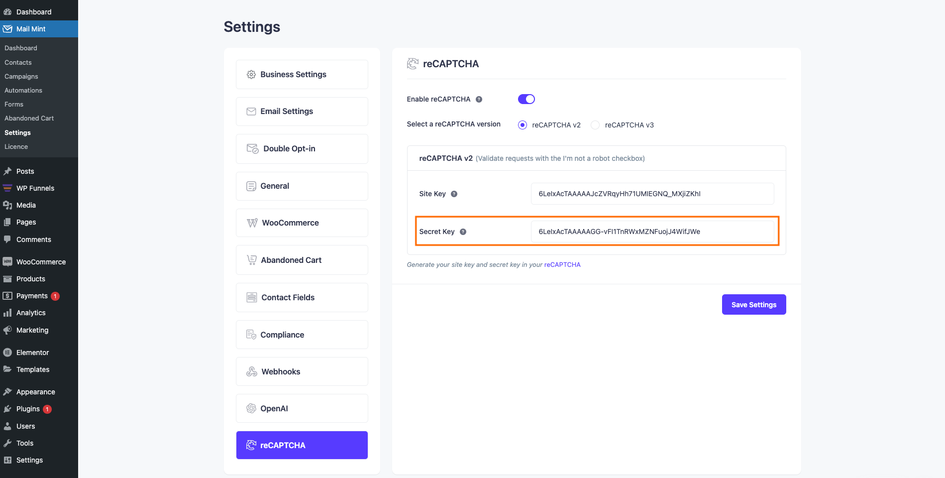 Set reCAPTCHA Secret Key