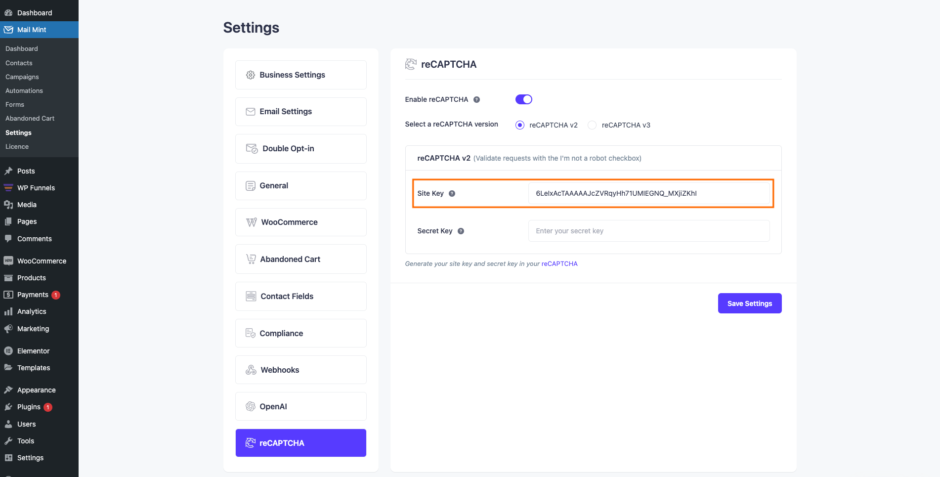 Set reCAPTCHA Site Key