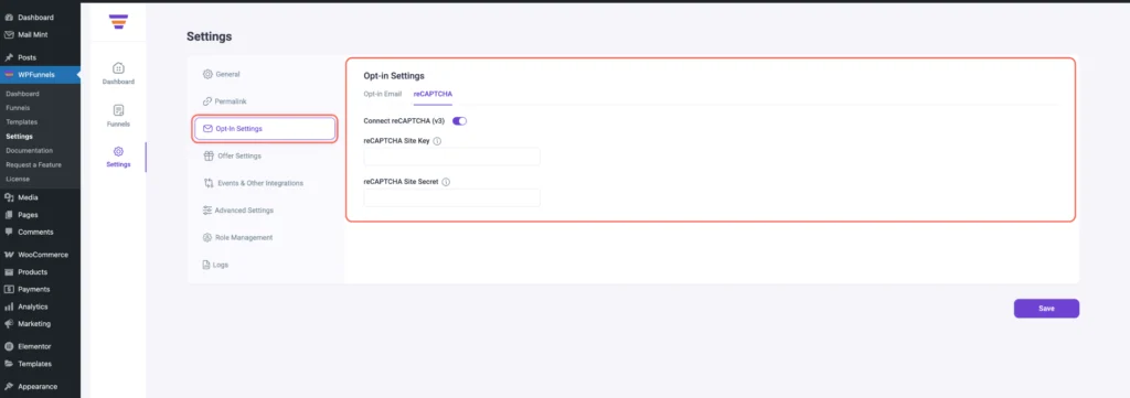 WPFunnels - Plugin Settings Overview 6 WPFunnels Settings-Opt-in Settings reCaptcha Overview