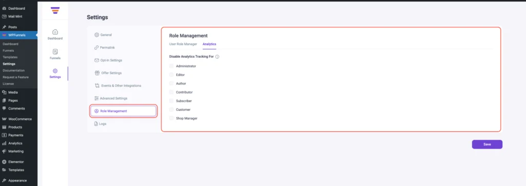 WPFunnels - Plugin Settings Overview 15 WPFunnels Settings - Role Management Overview