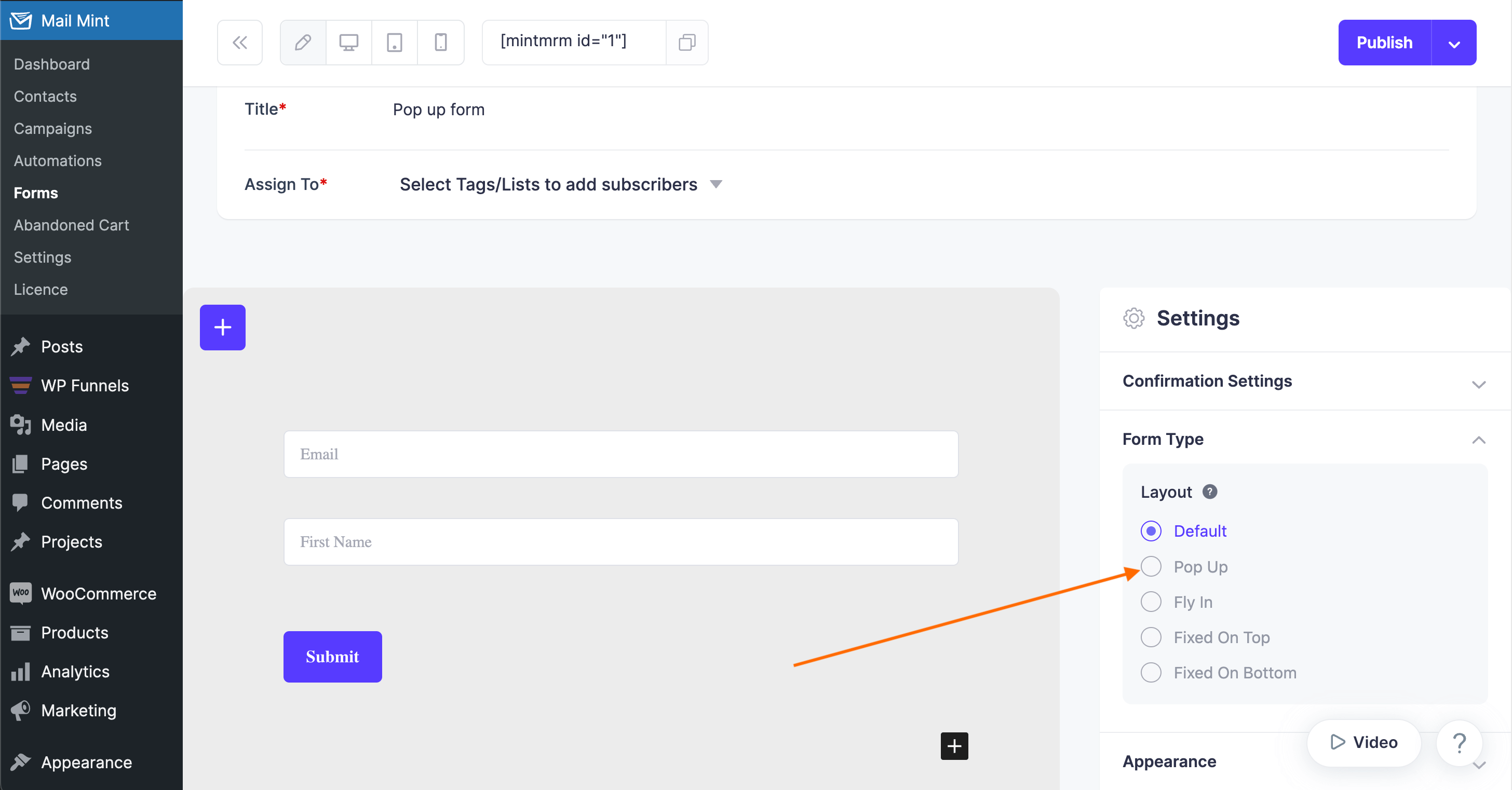 Form Type - Pop Up Form