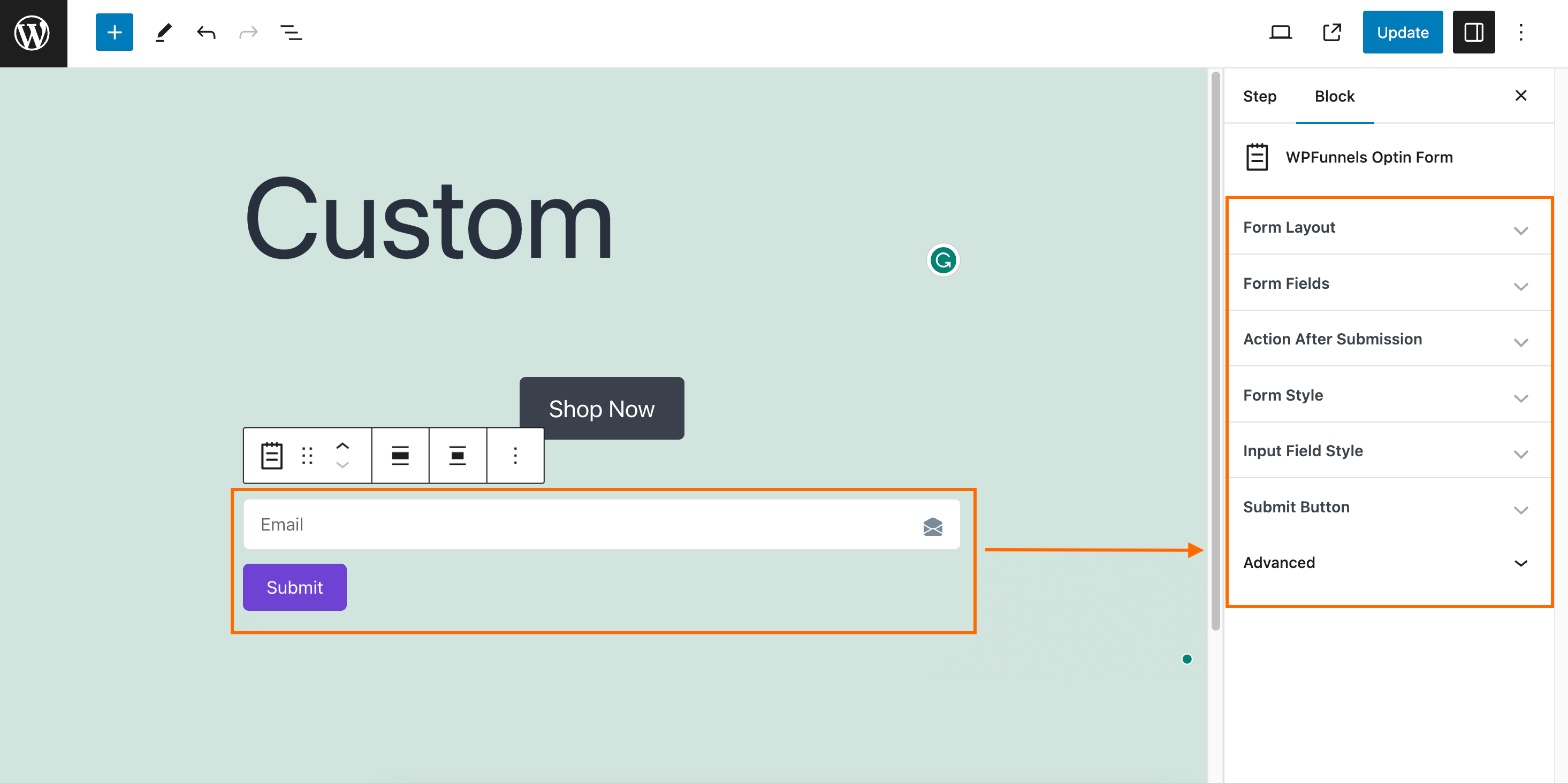 Optin Form block settings