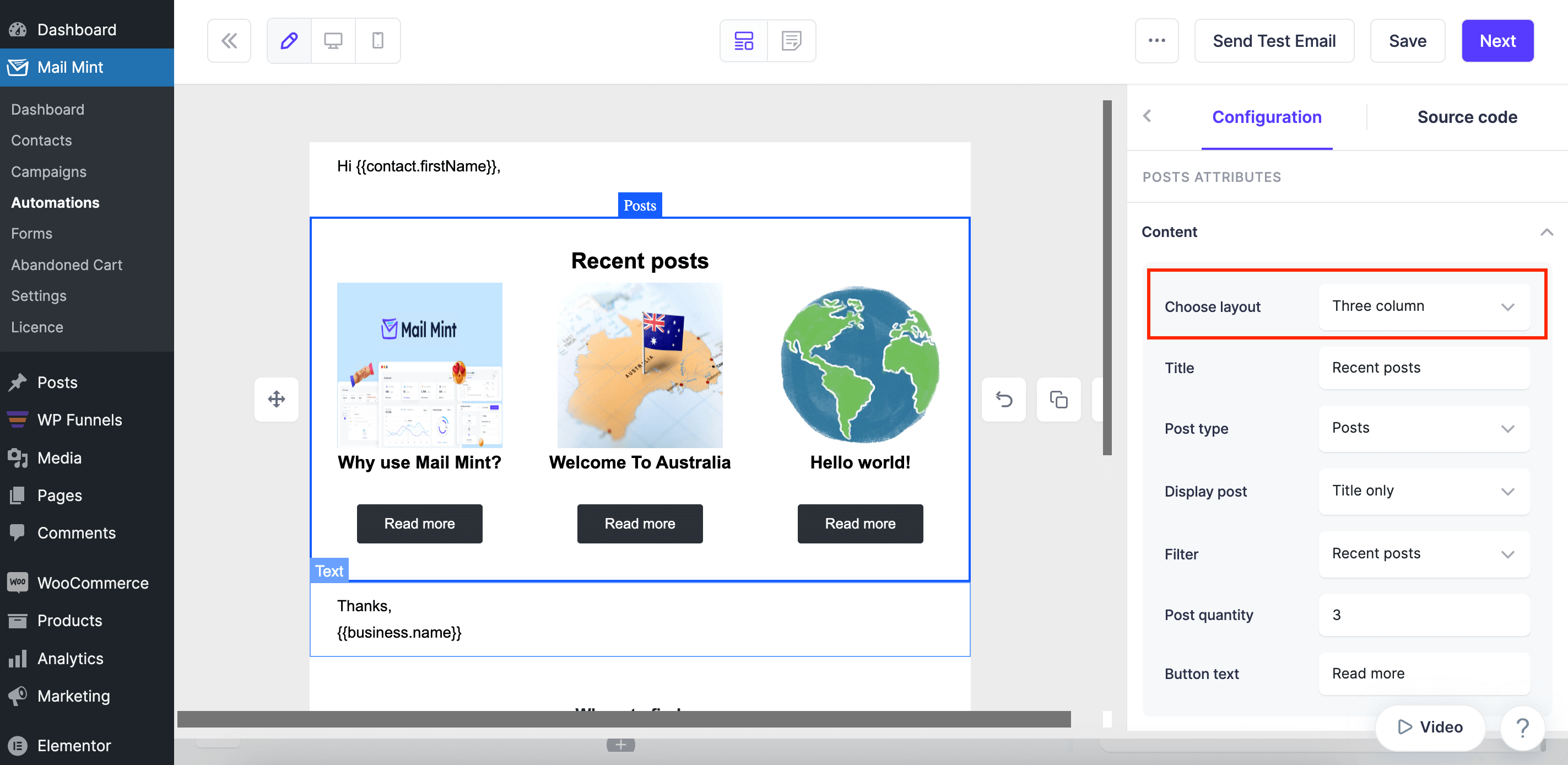 Configure Content - Three column layout