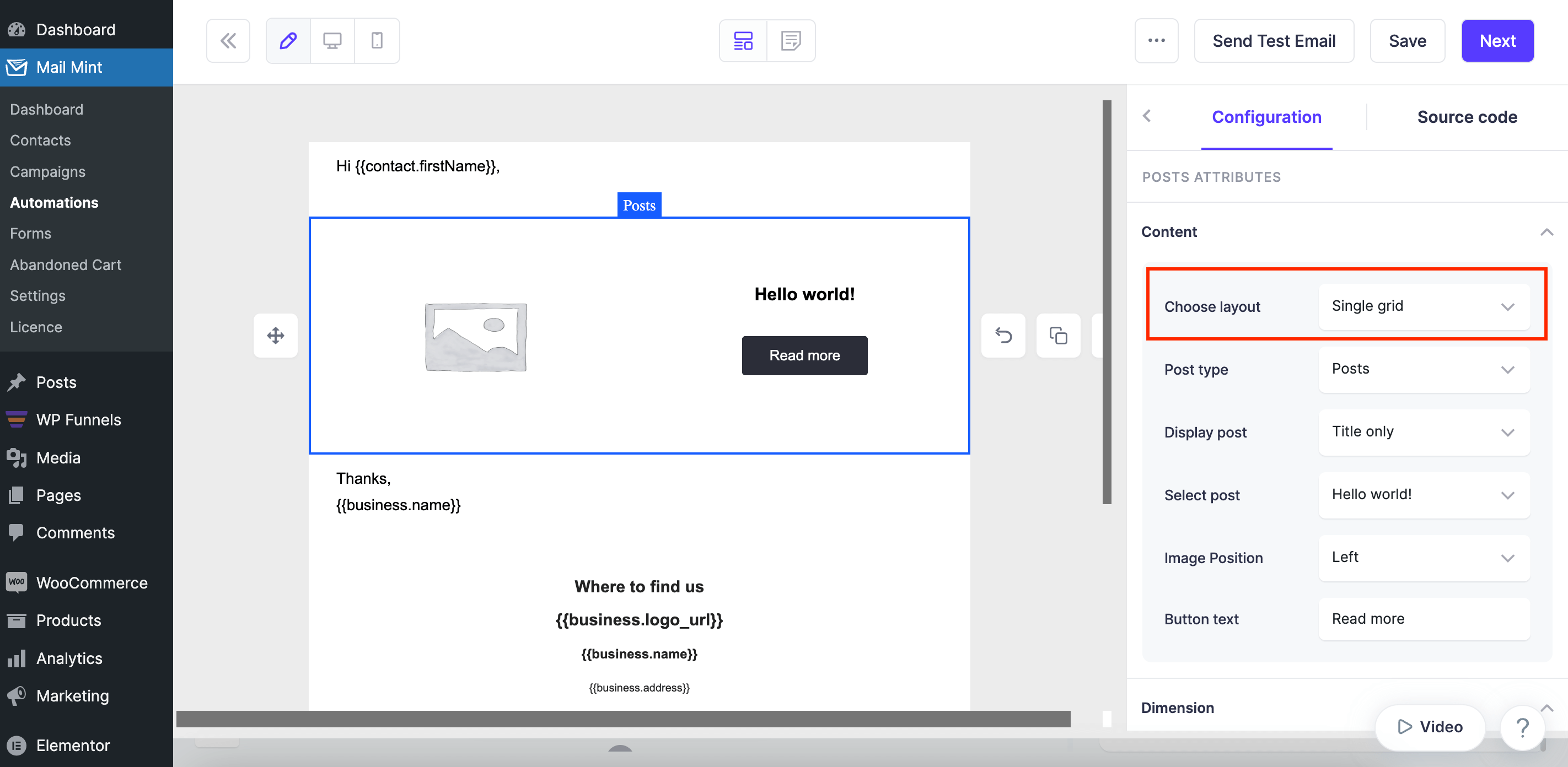 Configure Content - single grid layout