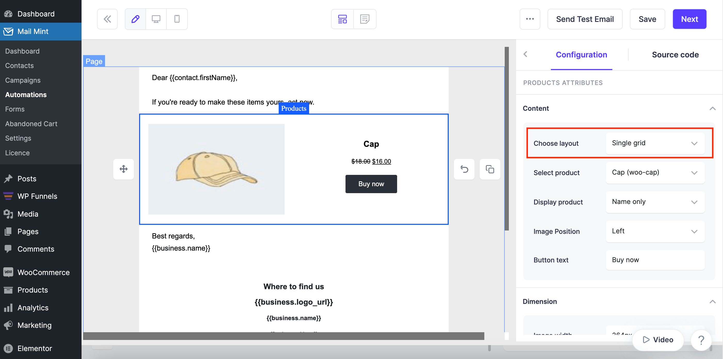 Configure Content - single grid layout