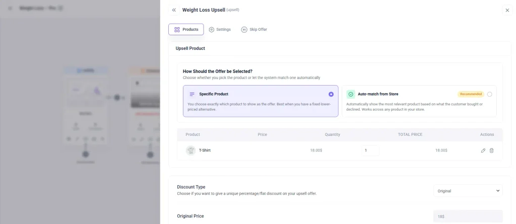 WPFunnels upsell settings showing specific product and auto-match options