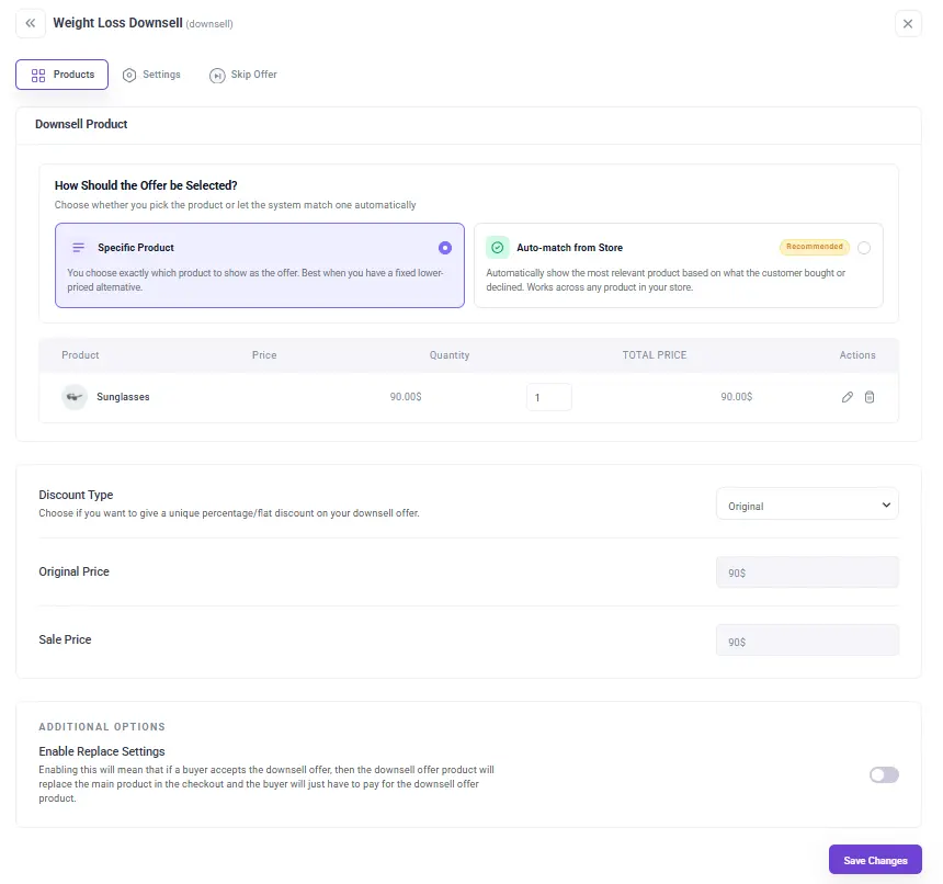 WPFunnels downsell settings showing product selection and discount options