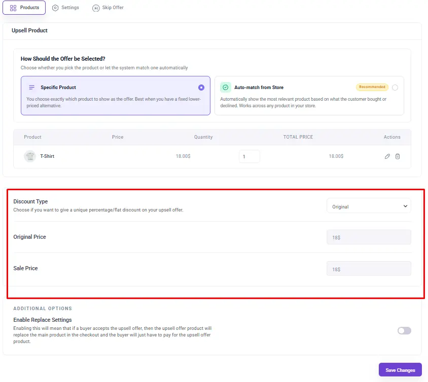 WPFunnels upsell settings showing original price and sale price fields