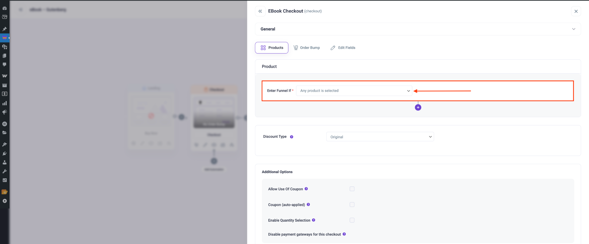Global Funnel For All Products In WooCommerce Store 4 Enter Funnel- condition - Any product