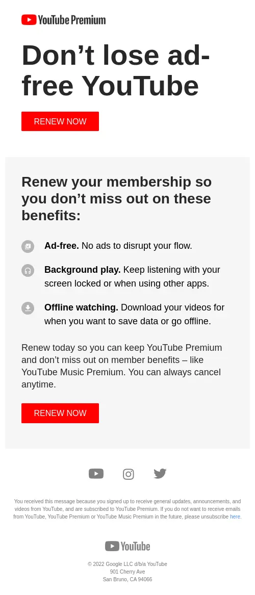 YouTube Premium Subscription Renewal Reminder Email