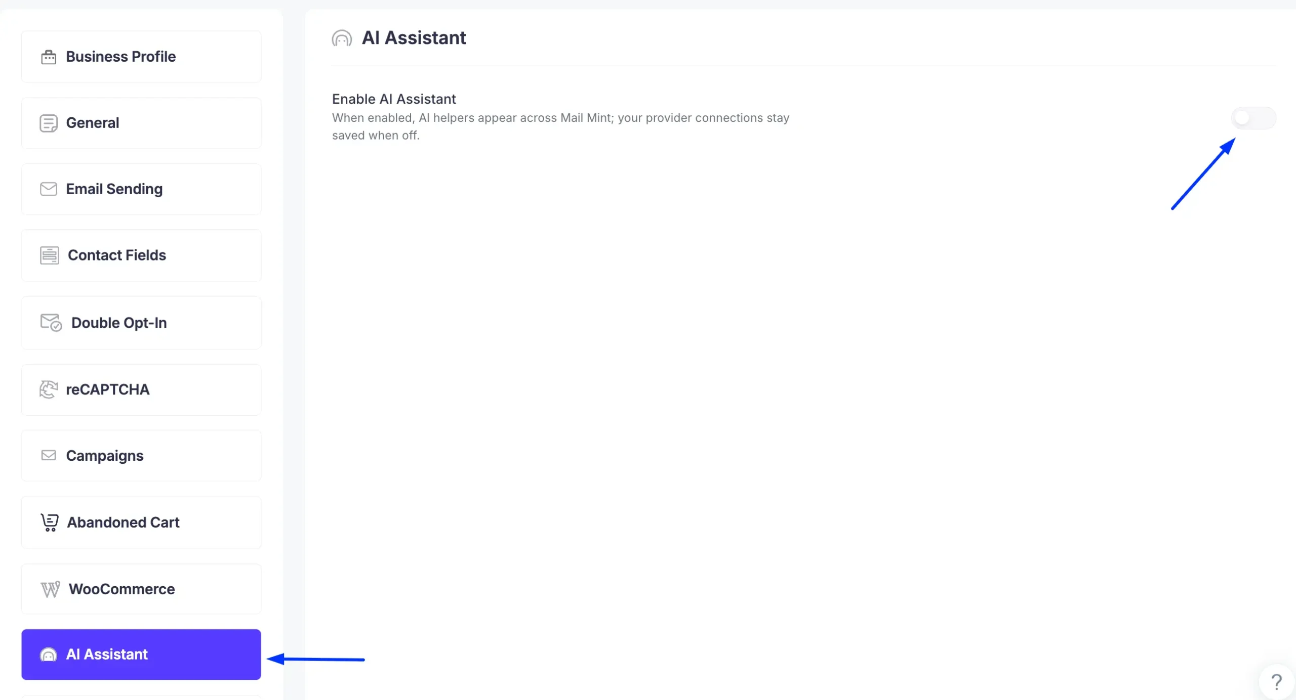Mail Mint AI Assistant settings page with the Enable AI Assistant toggle turned on