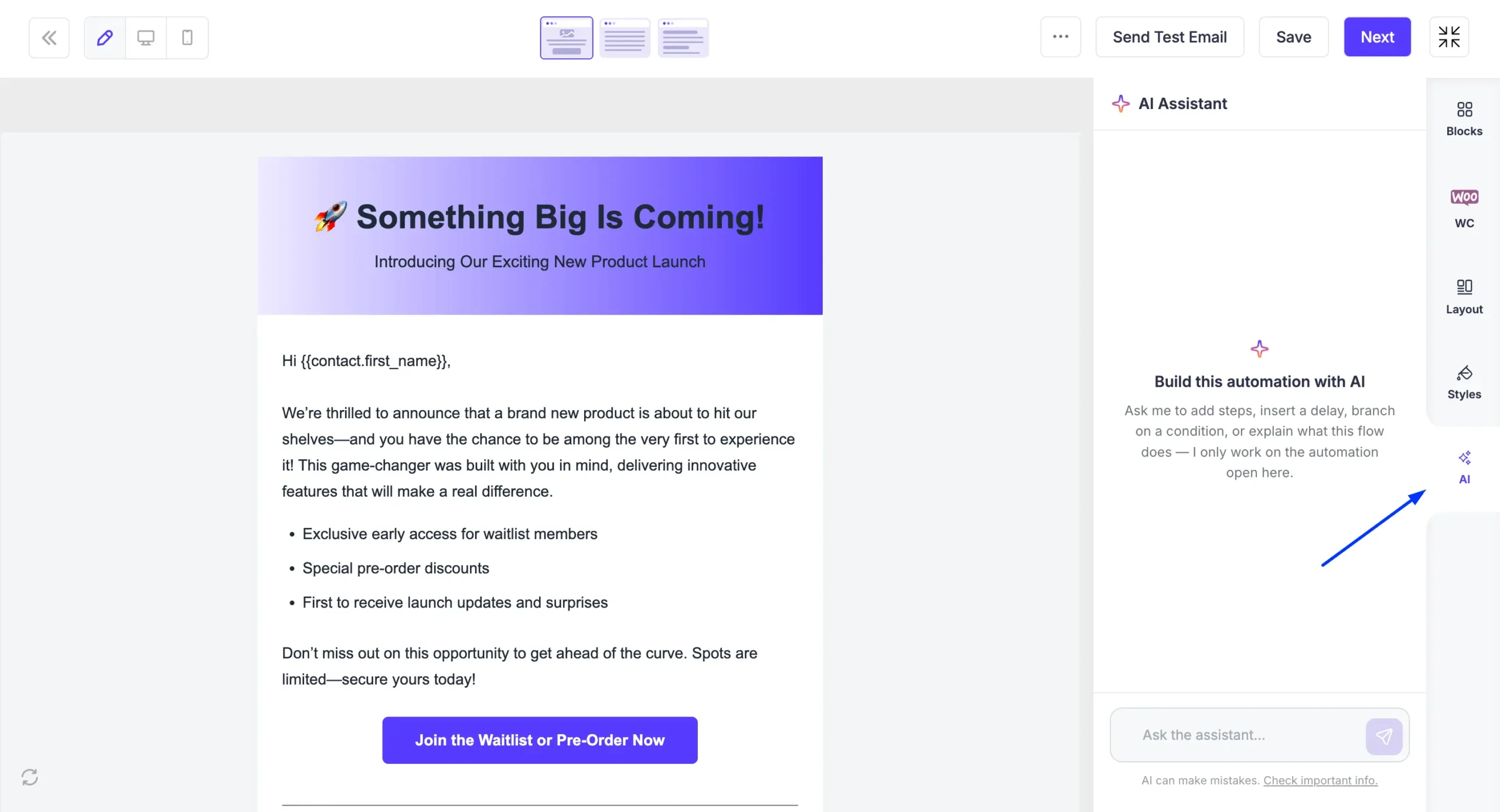Mail Mint email builder showing the AI Assistant tab selected in the right sidebar with an empty prompt input and tone preset options