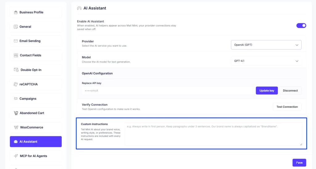 mail mint ai custom instructions