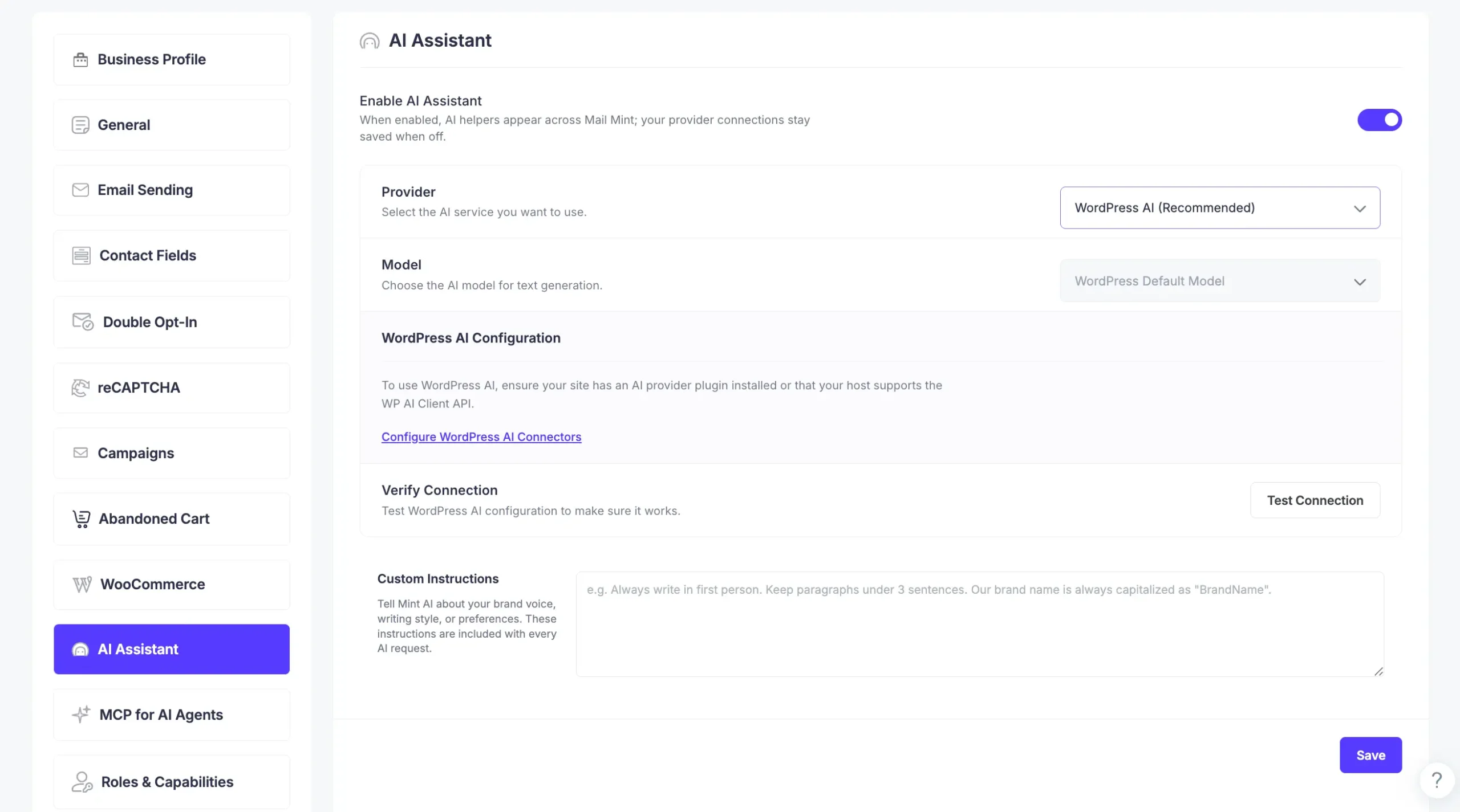 Mail Mint AI Assistant provider dropdown showing WordPress AI, OpenAI, and Google Gemini options