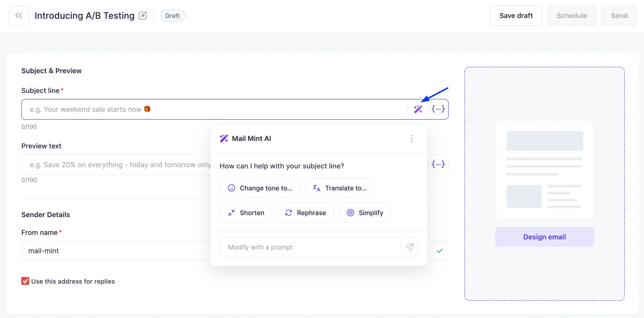 Mail Mint campaign composer showing the Mail Mint AI popover open on the subject line field with action chips and a Modify with a prompt input