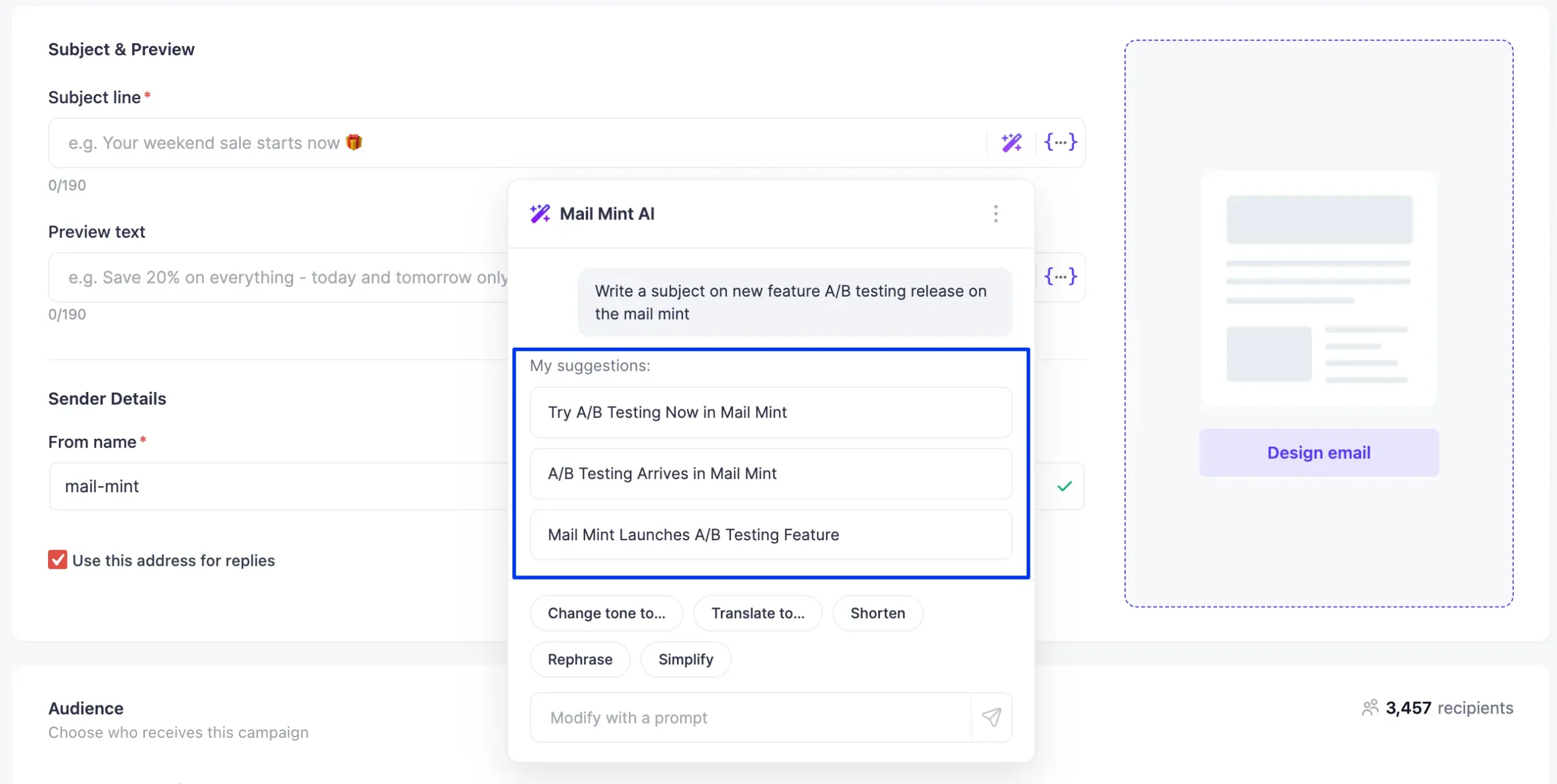 Mail Mint AI popover showing three subject line suggestions generated from a user prompt with action chips below