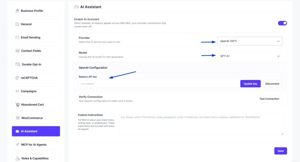 mail mint ai wordpress ai configuration