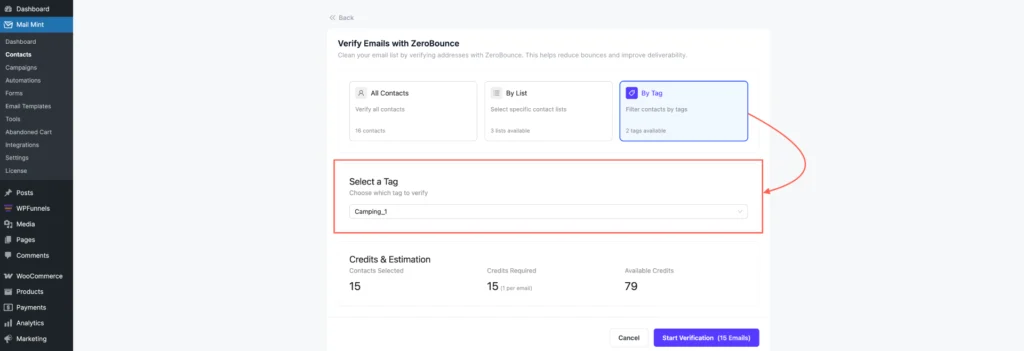ZeroBounce Integration With Mail Mint For Email Validation 11 Choose the Specific Tag