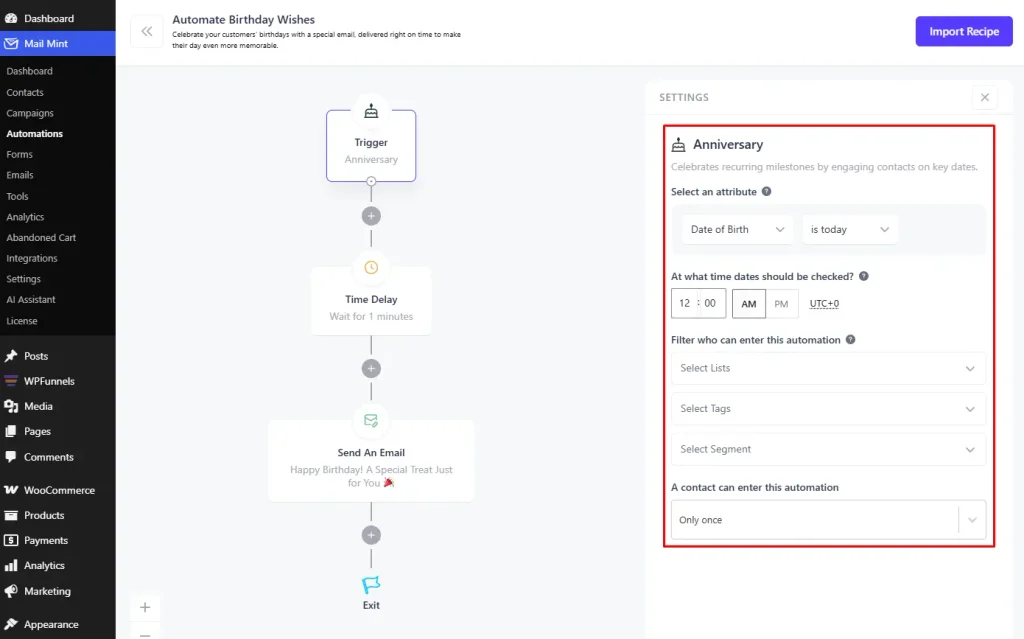 2.mail mint birthday anniversary trigger settings