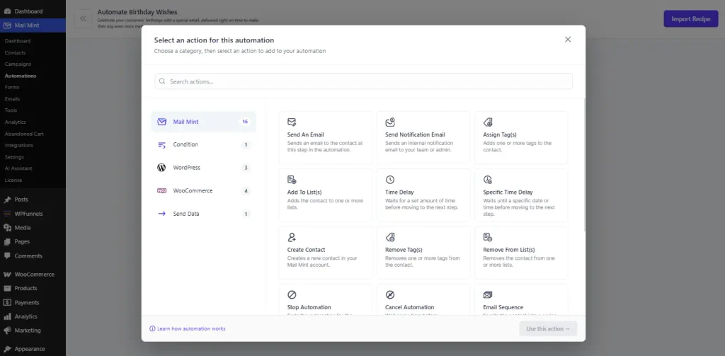 3.mail mint automation add send email action