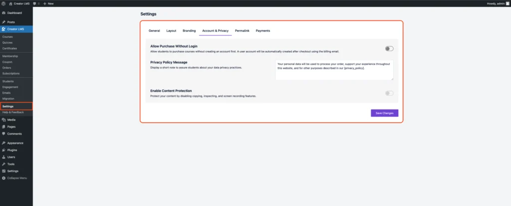 Global Settings For Creator LMS 7 Account and Privacy Settings-Creator LMS
