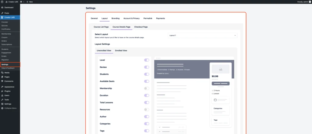 Global Settings For Creator LMS 4 Course Layout Settings - Course Details Page