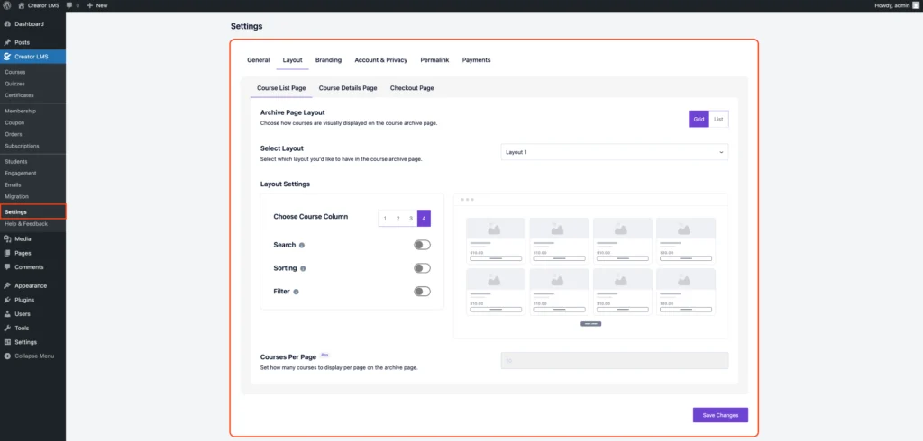 Global Settings For Creator LMS 3 Course Layout Settings - Course List Page