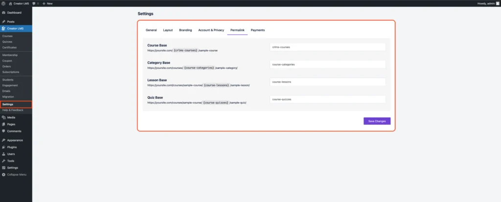 Global Settings For Creator LMS 8 Permalink Settings-Creator LMS