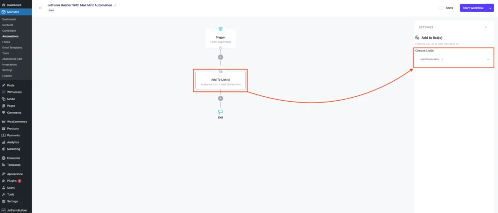 How to Use JetForm Builder And Mail Mint To Collect Leads 11 Add To List Action