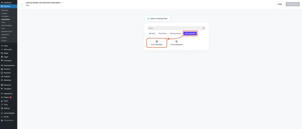 How to Use JetForm Builder And Mail Mint To Collect Leads 7 Choose Form Submitted as an Action