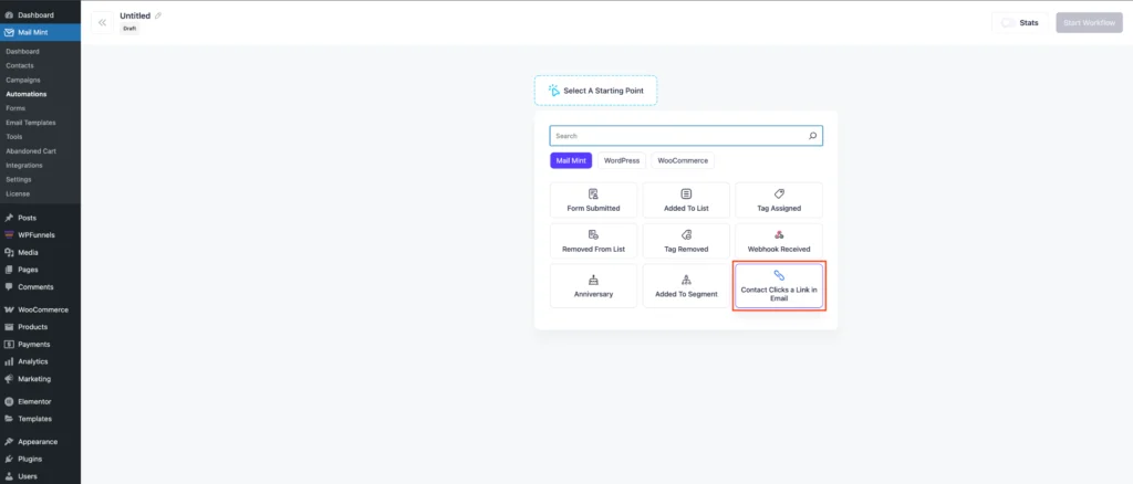 Set Up Mail Mint Automation when any user Click any Camping Link 3 Select Trigger - "Contact Clicks a link"