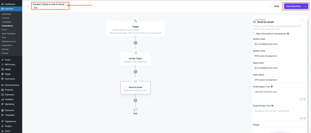 Set Up Mail Mint Automation when any user Click any Camping Link 7 Start Mail Mint Workflow