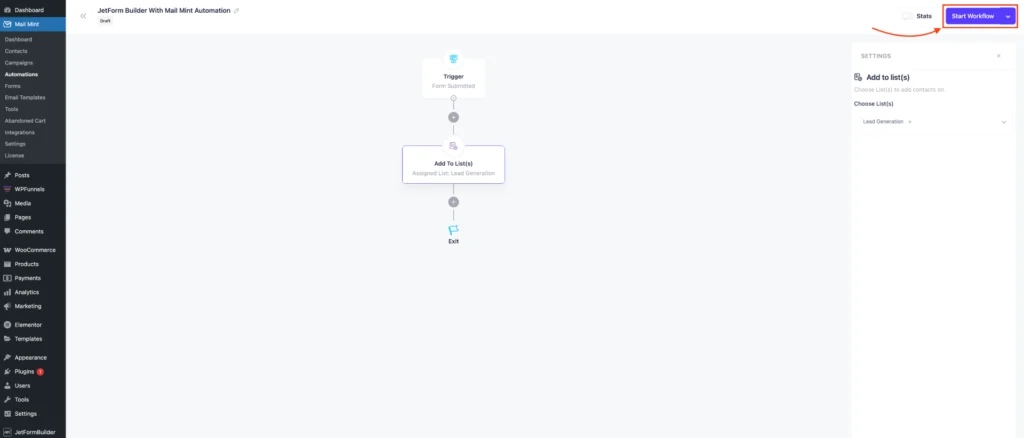 How to Use JetForm Builder And Mail Mint To Collect Leads 12 Start the Workflow
