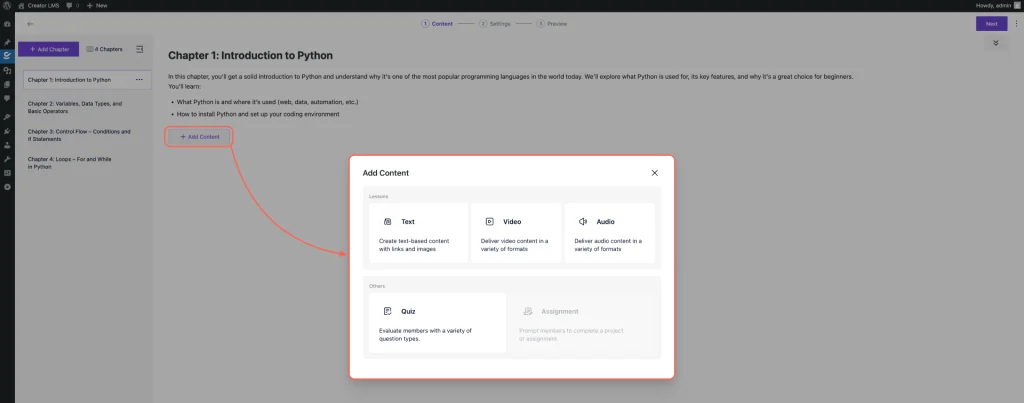 Add Lesson Content Text Audio or Video