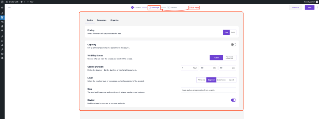 Basic Settings Dashboard
