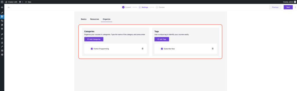 Course Organize Settings